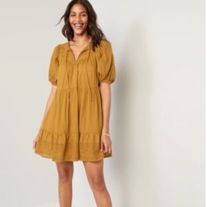 3 Puff-Sleeve Tiered Embroidered Mini Swing Dresses- medium